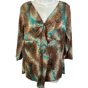 Obe Vintage Y2K Paisley Babydoll V-Neck Whimsigoth Sequins Knit Top Fairy sz 1X